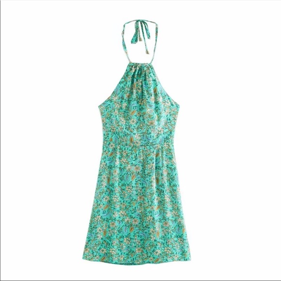 Teal Boho Floral Gypsy Print Halter HighNeck Dress - Picture 3 of 3